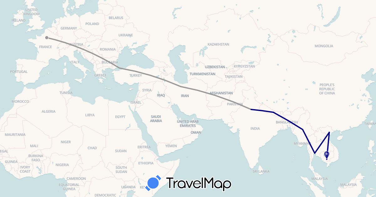 TravelMap itinerary: driving, plane in France, India, Iran, Cambodia, Myanmar (Burma), Nepal, Thailand, Turkey, Vietnam (Asia, Europe)
